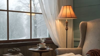A cozy chair with a blanket and a lamp in front of a JDI Windows, letting in natural light.