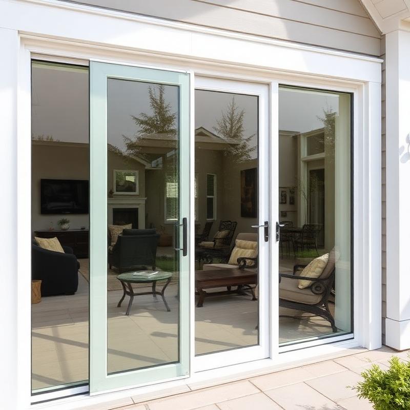 A cozy patio with sliding glass doors and comfortable furniture, emphasizing the craftsmanship of JDI Windows.