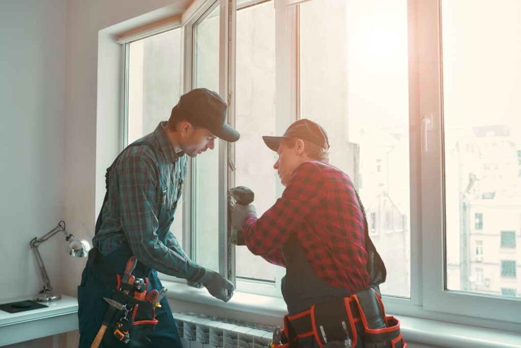 Two repairmen working together to install or repair a window.