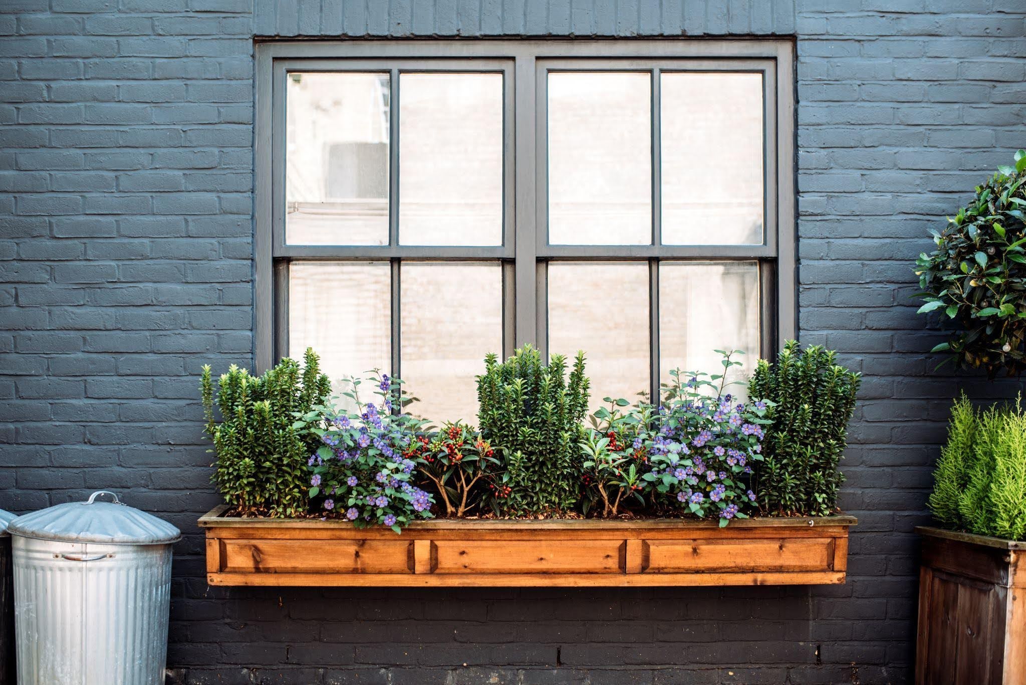 A wooden window box brimming with lush plants adding greenery to the window view