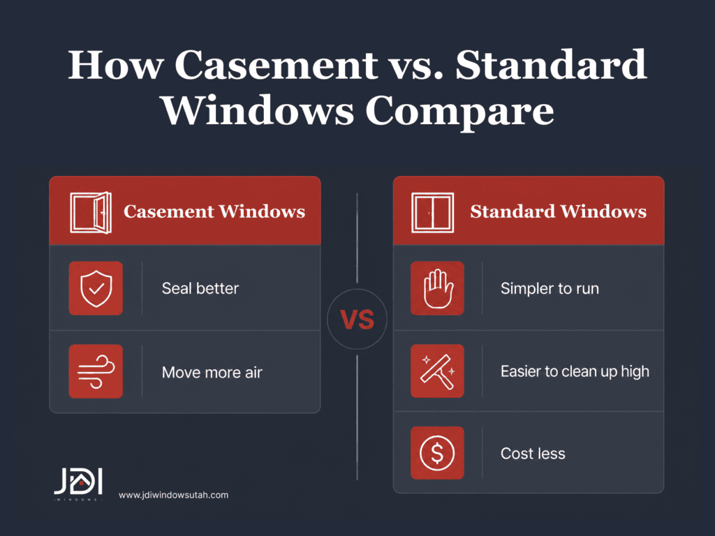 Infographic by JDI Windows comparing casement windows and standard windows.