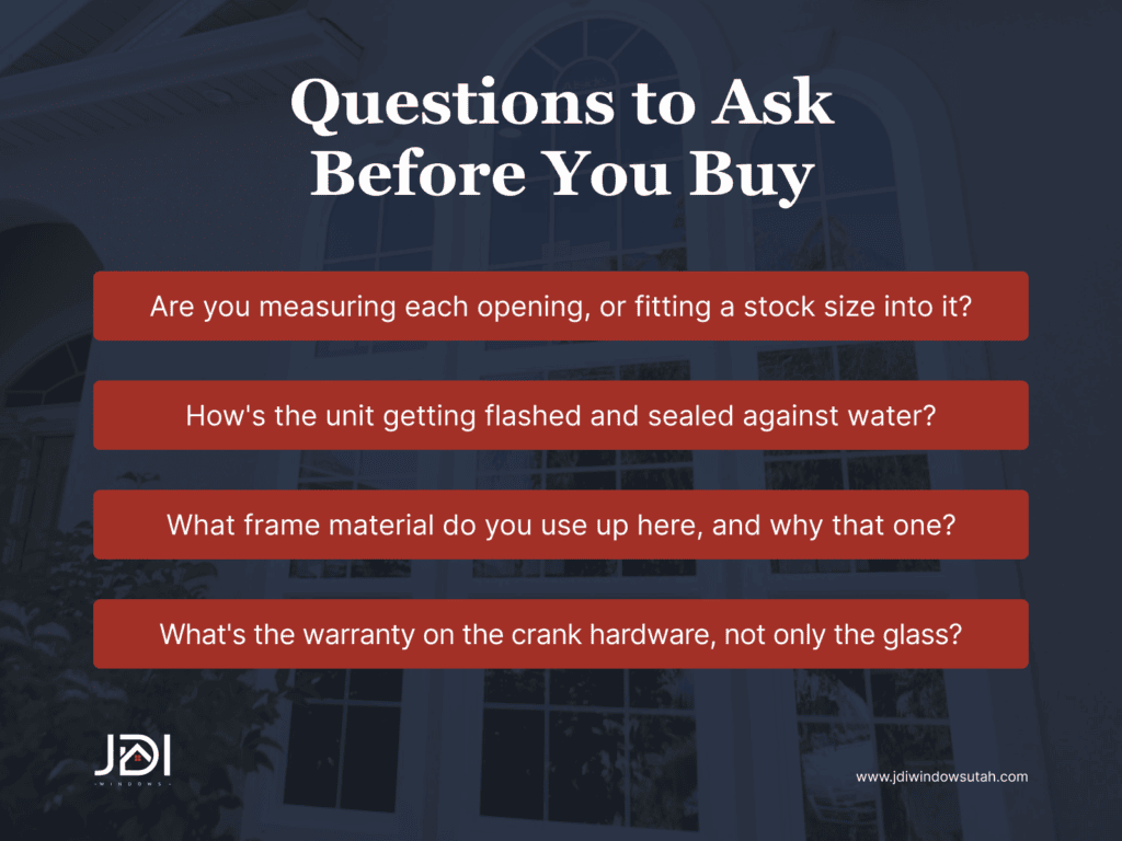Infographic by JDI Windows outlining key questions to ask before buying replacement windows.