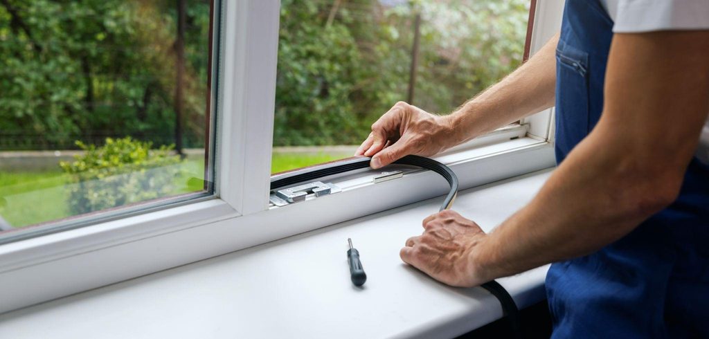 A man working on a window repair utilizing a tool to make adjustments in a bright setting